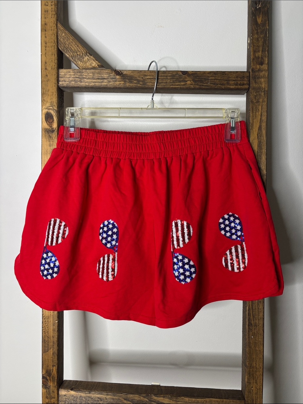 Fantastic Fawn Red Skater Shorts with Patriotic Sunglass Embroidery